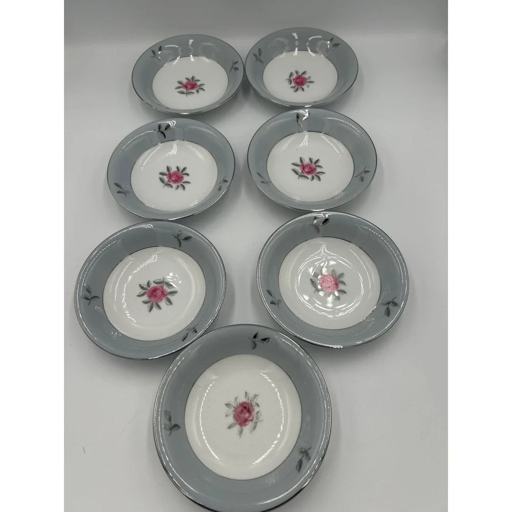 Seyei Bella Maria 2129 Fine China Fruit Bowls Set of 7 Japan Pink Rose Blue Rim‎
